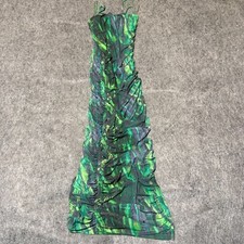 Akira Womens Maxi Dress Size XL Green Bluf Leaf Floral Ruched Strappy Sleeveless