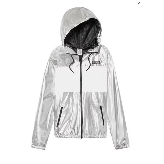 Chaqueta Cortavientos Victoria's Secret Rosa Anorak Cremallera Completa Capucha Triumph Plateada XS Foto 3 de 4