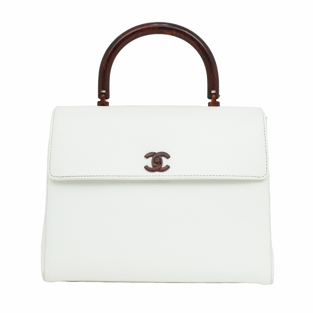 CHANEL White Caviar Leather Wood Handle Handbag for Women  