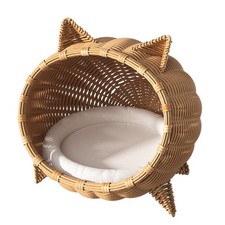 20" Round Wicker Cat Bed, Comfortable, and Private Pet Nest with Plush Cushion