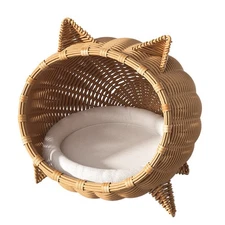 20" Round Wicker Cat Bed, Comfortable, and Private Pet Nest with Plush Cushion