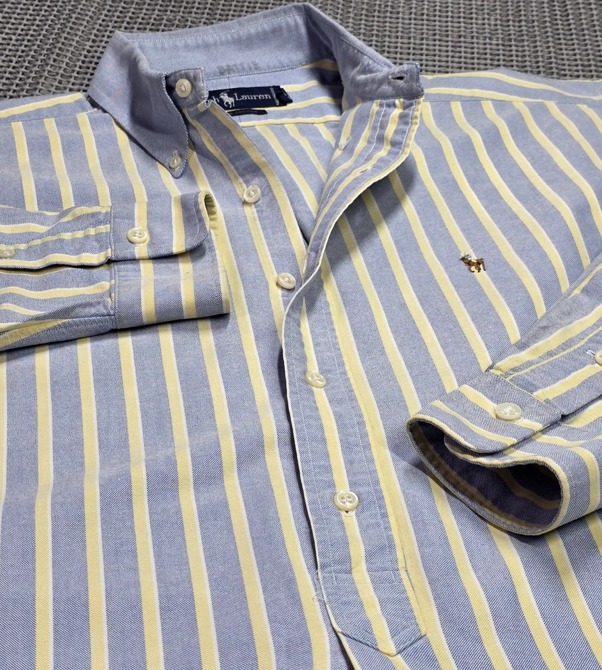 Vtg 90s Ralph Lauren Polo Popover Oxford Long Sleeve Shirt M Blue Stripe Rare - Image 3 of 4