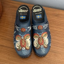 Sverige Toffeln Hand Painted Swedish Clogs Navy Leather Wooden Size 38 NWOB