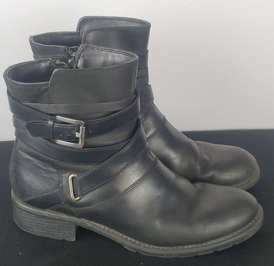 Clark Women's 10 Orinoco Sash Black Leather Ankle Boots Biker Straps