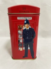 Red Metal British English Telephone Booth Coin Bank Tin Ahmad Tea Embossed EUC