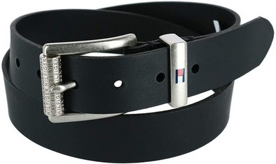 Tommy Hilfiger Men's 35MM Leather Jean Belt with Faux Roller Buckle Black MD