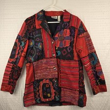 Chicos Womens Silk Blend Colorful Patchwork Embroidered Button Up Jacket Size 1