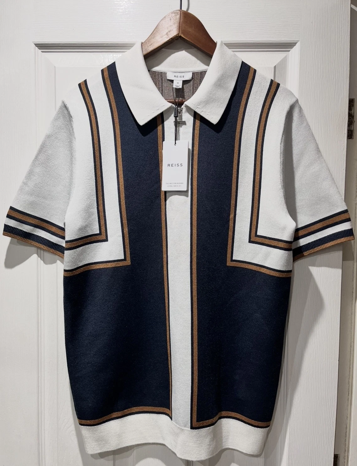 BNWT Reiss Navy/White Orion Knitted Half-Zip Polo Shirt Size Medium