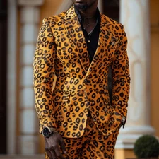 Mens One Button Leopard Print 2pcs Suits Coat Jacket Pants Nightclub Stage Party