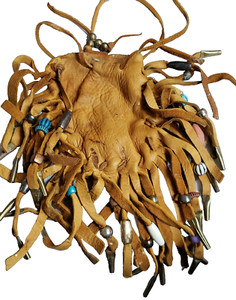 Brown Suede Leather Coin Trinket Marble Bag 8inch Fringed Beaded Vintage