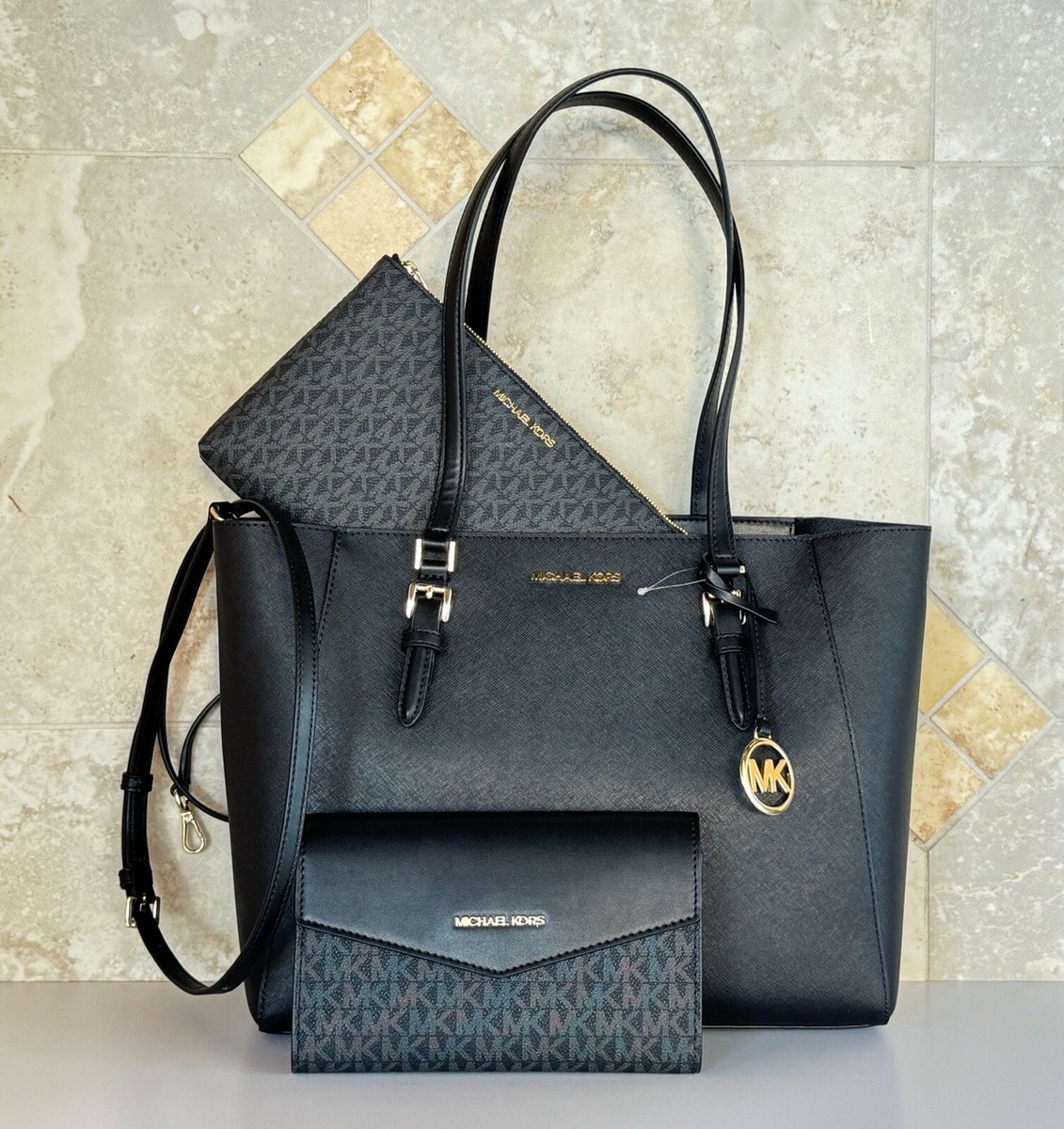 トートバッグ MICHAEL KORS Women Bags 30T5G1ZS1L001 Black Michael Kors Signature Jet Set Large Logo Top-Zip Tote Bag