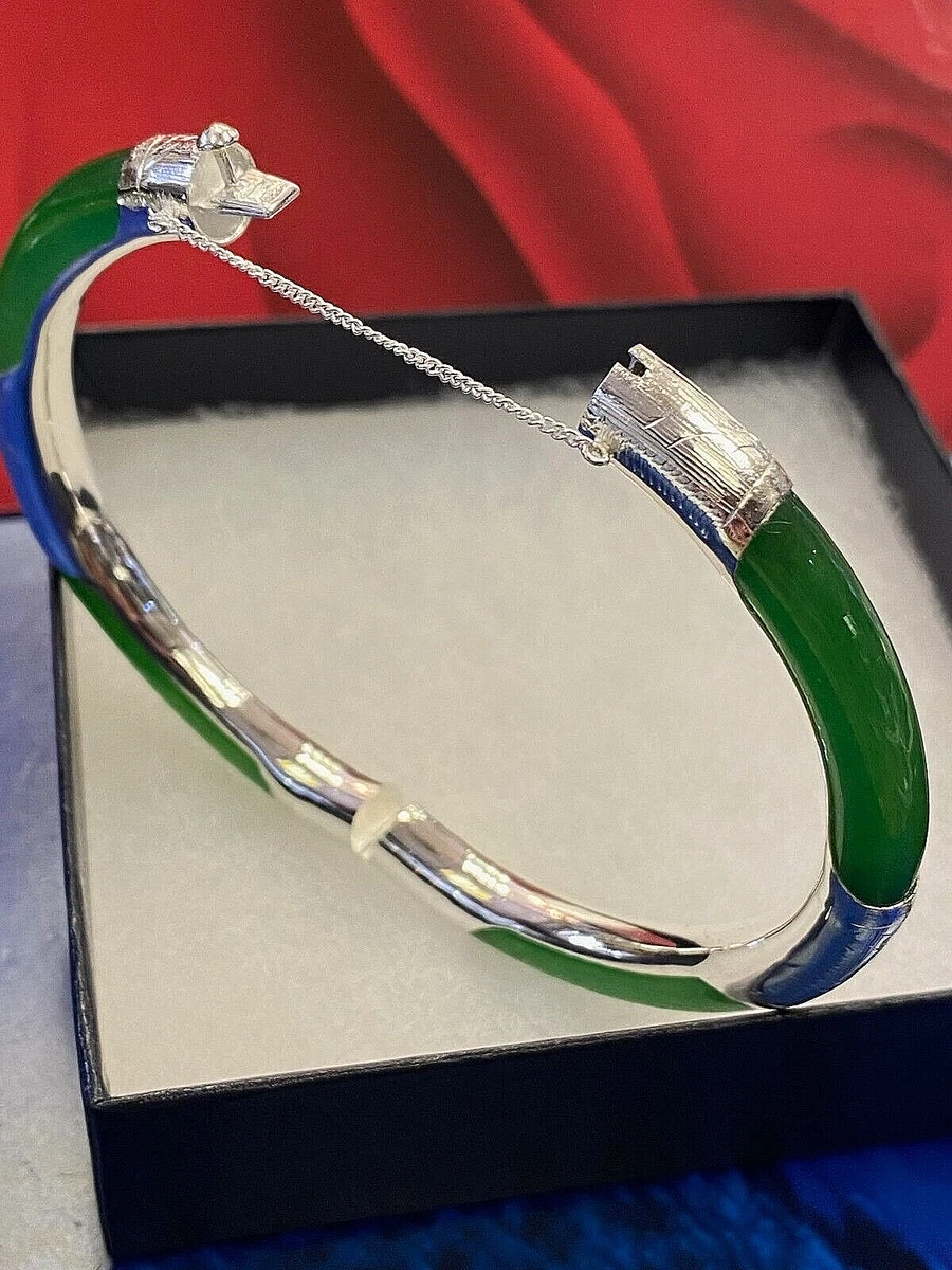 GENUINE DARK GREEN JADE 925 STERLING SILVER WOMEN S BANGLE