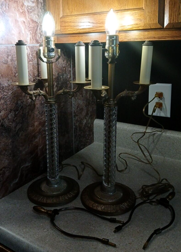 Pair Of Vintage Acrylic Barley Twist Candelabra Bronze Lamps 18" - Picture 2 of 10