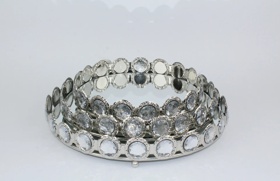 Deko Spiegeltablett Runder Spiegel Kronenrand Strassseine Tischspiegel Silber - Bild 4 von 4