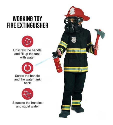 Kids Black Firefighter Costume w/Helmet Mask Tools Unisex Fireman Halloween Set - 第 4/5 張圖片