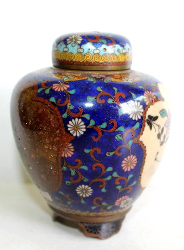 JOLIE ANCIEN VASE POTICHE CHAKINSEKI ÉMAUX CLOISONNÉ BRONZE POUDRE OR JAPON XIXe - Picture 5 of 10