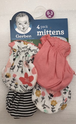 4 Pack Baby Girl Scratch Mittens Gloves Gerber 0-3 Month Pink Flower Striped NEW