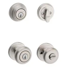 Kwikset Juno Satin Nickel Entry Door Knob & Single Cylinder Deadbolt Combo