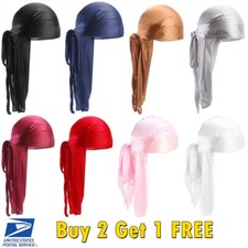 Solid Color Silky Satin Durag Unisex Wave Cap Hat Doo Rag Biker Smooth Head Wrap