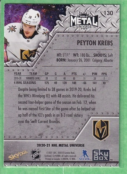 2020-21 Skybox Metal Universe Rookie #130 Peyton Krebs Vegas Golden Knights - Image 2 of 2