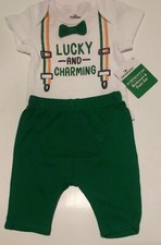 Infant Toddler Boy St Patricks Day Lucky  Charming Body Suit Pant Set NEW 0-24m