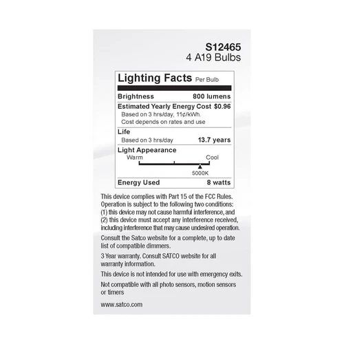 Satco S12465 - 8 Watt A19 LED Clear Light Bulbs - 5000K - (1) 4 PK - Picture 6 of 9