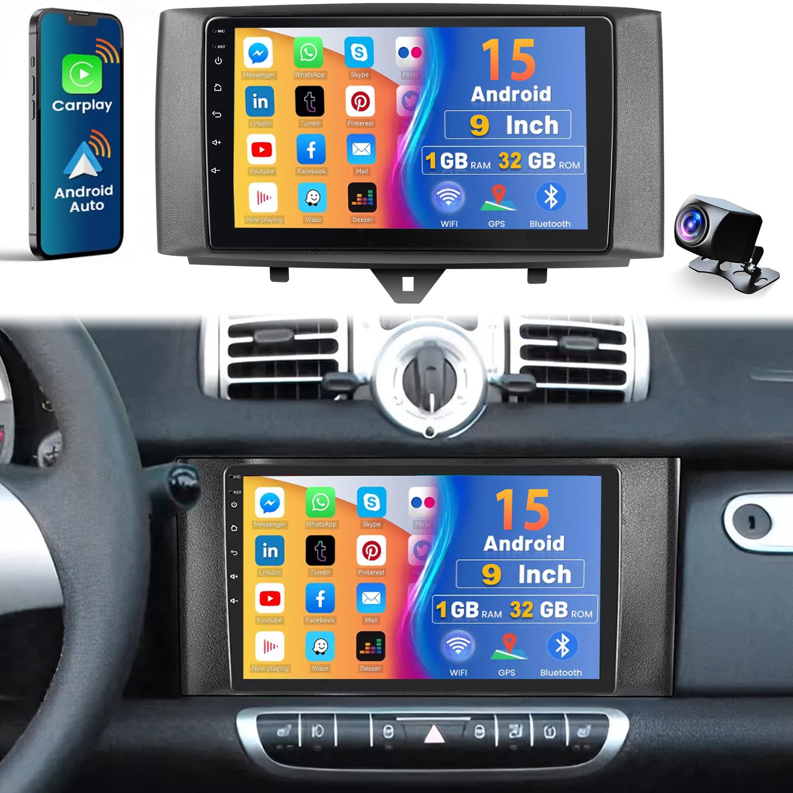 Radio de coche para Smart Fortwo 451 2011-2015 DAB+ 4+64G Android 14 Apple Carplay KAM