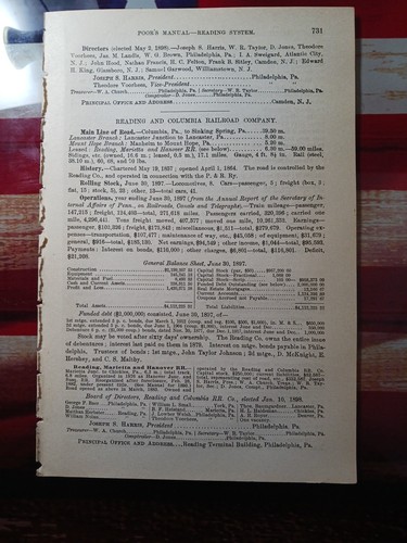 ~1898 Train Report READING & COLUMBIA RAILROAD Sinking Spring Mount Hope PA RR