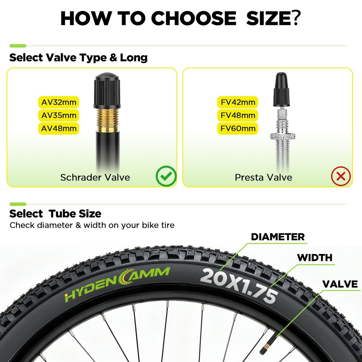 Hydencamm 2 Pack 20x1.75/2.125 Bike Tube, 20x1.75 20x1.95 20x2.10