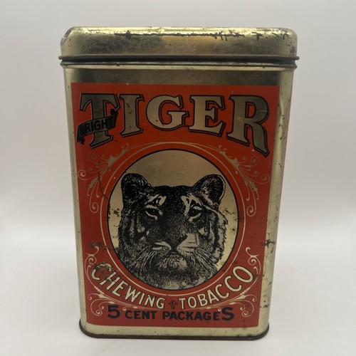 Lata de tabaco de mascar grande vintage brillante tigre de 5 centavos corte fino 8 1/2 x 6 - Imagen 4 de 9