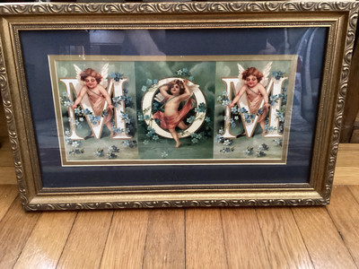 Gilt Framed Art with VICTORIAN Cupids Spelling MOM--excellent gift for Mothers