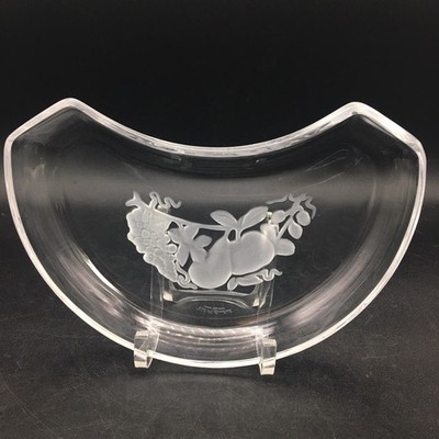 Val St Lambert Brussels Crescent Crystal Plate 7 '' Etched Fruit Belgium Vintage