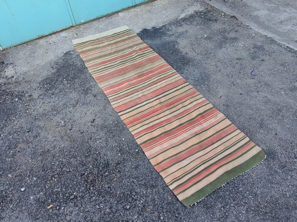 Vintage Turkish Kilim Runner 2.6x7.6 ft | Pastel Striped Hall Rug - Image 3 of 4
