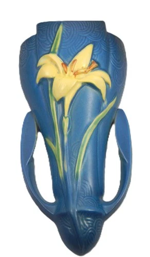 Vintage Roseville USA Art Pottery Wall Pocket Zephyr Lily Matte Blue MINT
