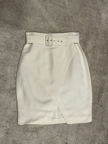 Byblos, Vintage Byblos Ivory Linen Viscose Pencil Skirt Belted Buckle Zip Knee Length 46