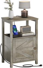 Farmhouse End Table Charging Station Barn Door  Storage Shelf Grey