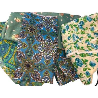 Vintage Green Blue Fabric Remnants Schwartz Liebman Psychedelic Bohemian Paisley