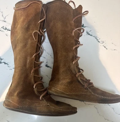 Vintage Knee High Brown Leather Moccasins - Photo 1/4
