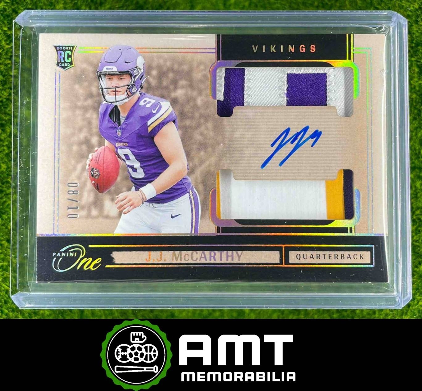 J.J. McCarthy RC 2024 Panini One 8/10 Rookie Dual Patch Auto Gold Vikings #31