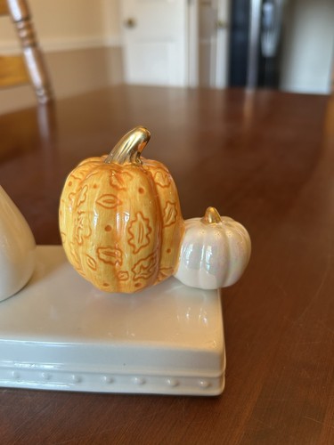 Retired NORA FLEMING Mini DOUBLE PUMPKIN Embossed NF initials, Dots & Leaves