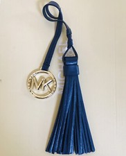 Michael Kors Large MK Logo Gold Charm Navy Blue Leather Tassel Handbag Fob Tag