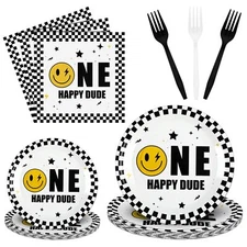 Sunnyray 96 Pcs One Happy Dude Birthday Party Paper Plates Napkins Forks Yell...