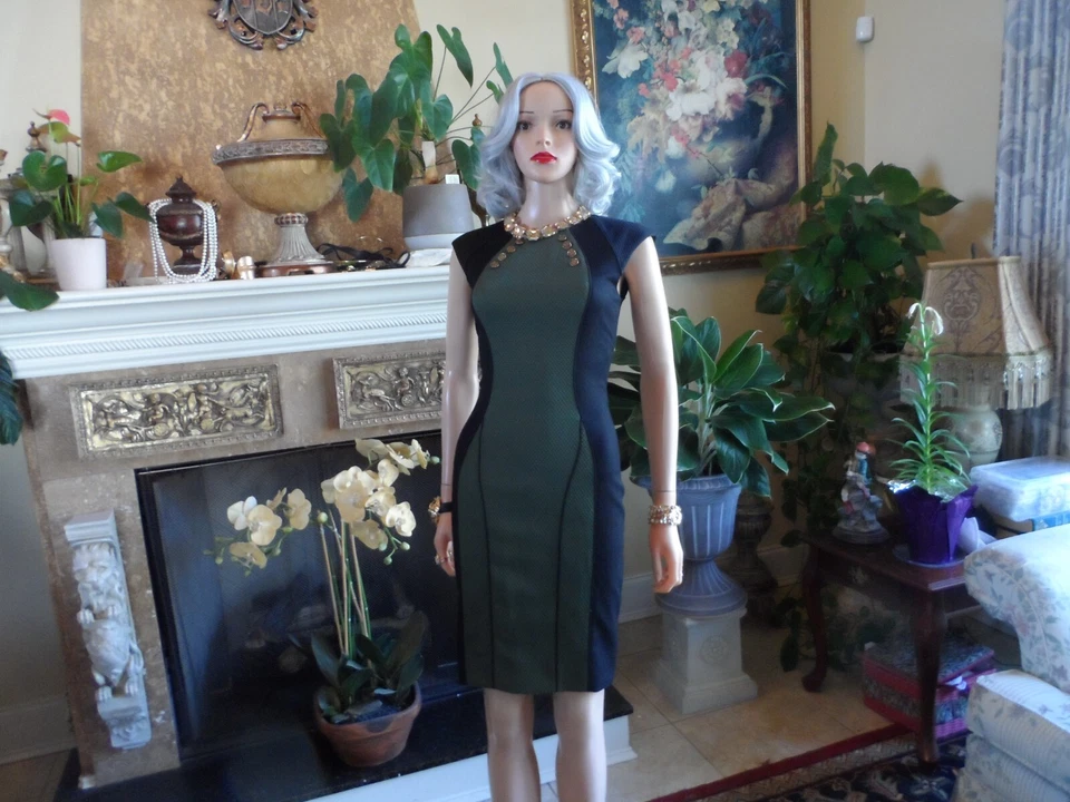 Vestido Vaina Jason Wu Negro/Verde Militar Acolchado Colección Otoño 2012 Talla 0 Foto 2 de 4