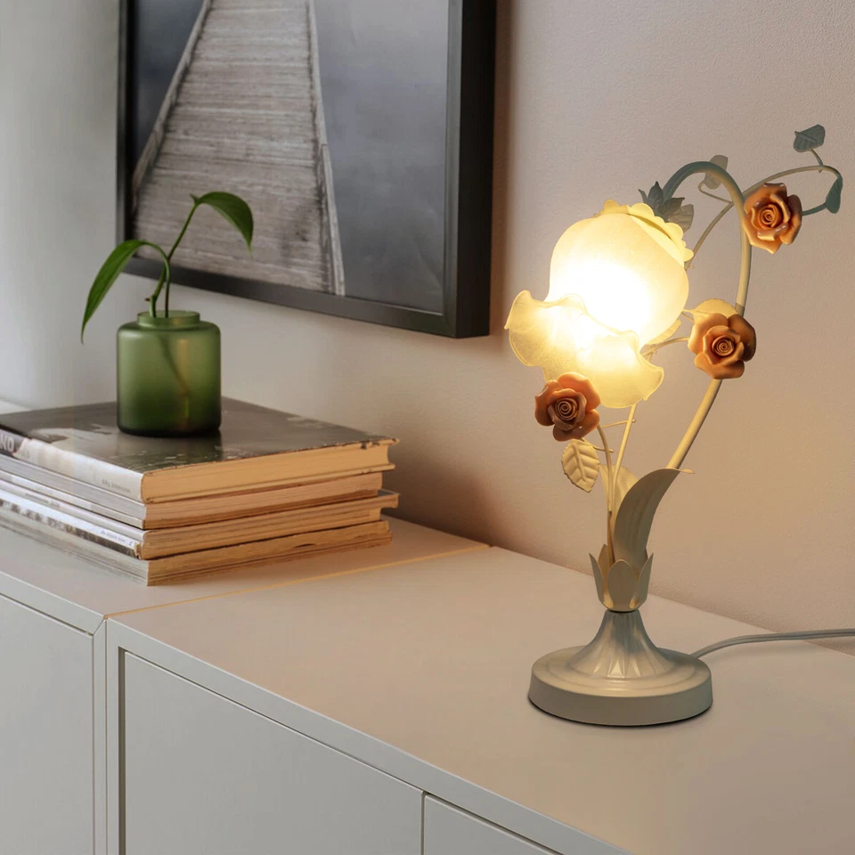 60W Elegant Roses Flower Glass Table Lamp Light Glass Lampshade Pink White US - Image 2 of 4