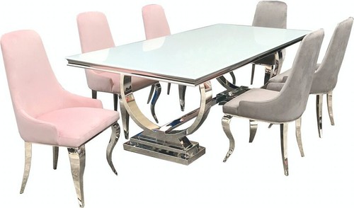7 PC CONTEMPORARY GLASS CHROME DINING TABLE PINK VELVET CHAIR FURNITURE SET SALE - Picture 6 of 13