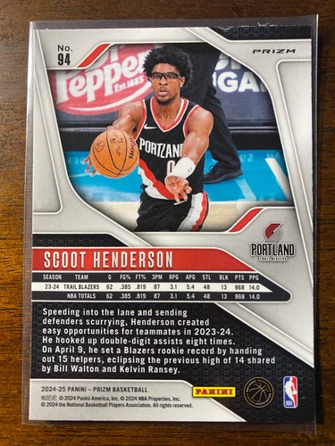 2024-25 Panini Prizm Scoot Henderson #94 Silver Prizm Portland Trailblazers - Imagen 2 de 2