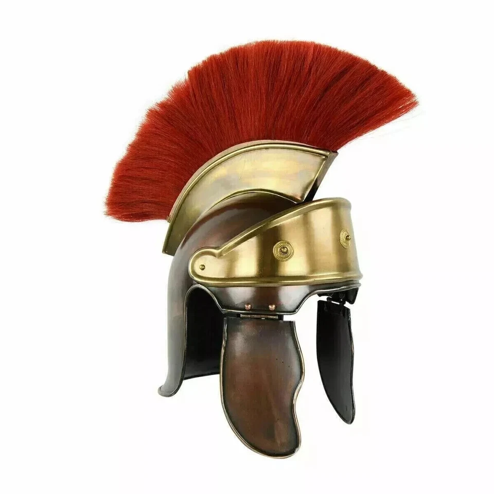 Casco de acero romano medieval caballero pretoriano preocupado con casco de pluma roja Foto 3 de 4