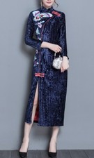 Navy blue butterfly embroidery velvet Qipao Cheongsam dress