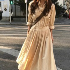 New Korean Daily Retro Design Lace-up Dress Womens Casual Shirt Dresses Office