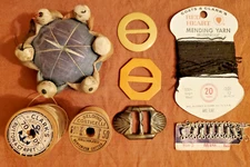 ANTIQUE SEWING KIT, LOT of 8-THREADS, PIN CUSHION, BELT & SCARF SASH, YARN